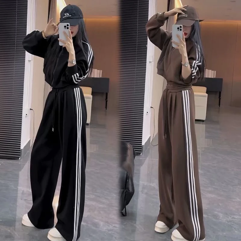 2024加绒加厚休闲时尚套装女秋冬洋气立领外套直筒阔腿裤两件套