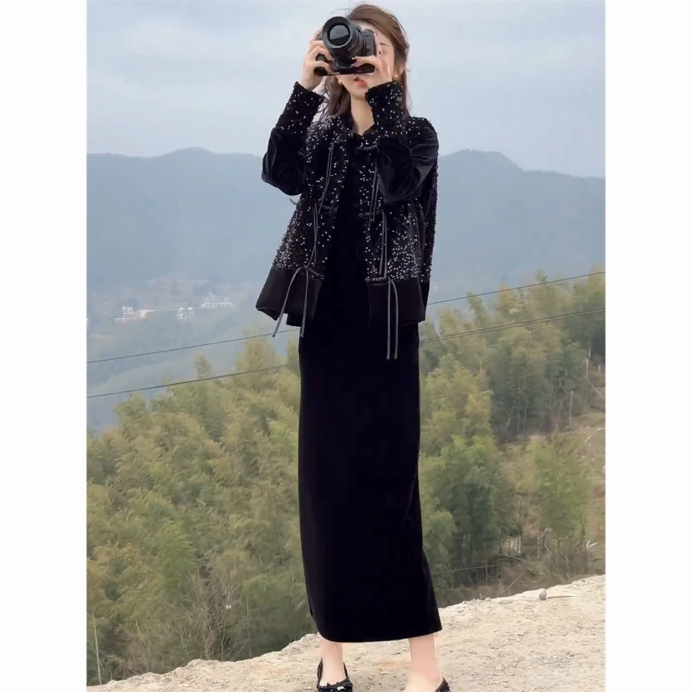 2025春夏时尚新中式时尚显瘦亮片马甲丝绒打底衫高腰半身裙套457