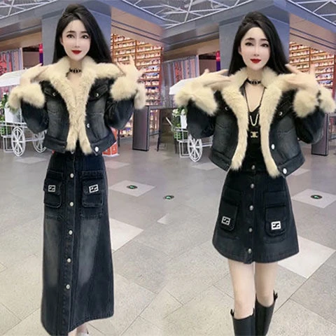 2024加厚加棉秋冬新款时尚高级洋气拼接牛仔外套半身裙套装两件套