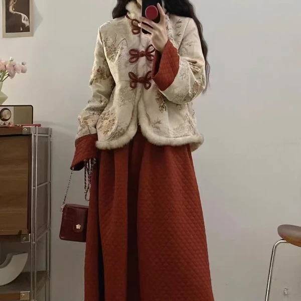 【无运险】秋冬新款大码女装新中式国风盘扣夹棉外套半身裙两件套