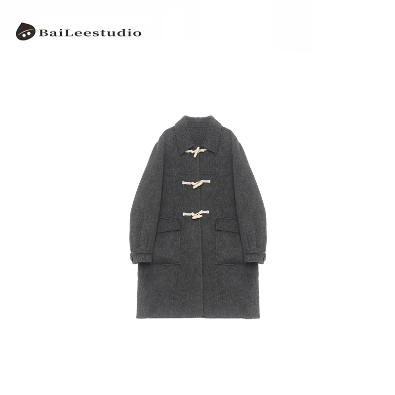 【柏栗良品】秋冬新品~韩范翻驳领牛角扣长袖毛呢外套23332