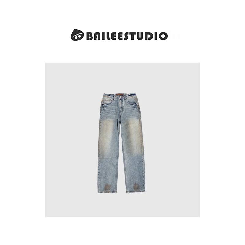 【柏栗良品】美式复古做旧百搭显瘦直筒脏脏牛仔裤HK882