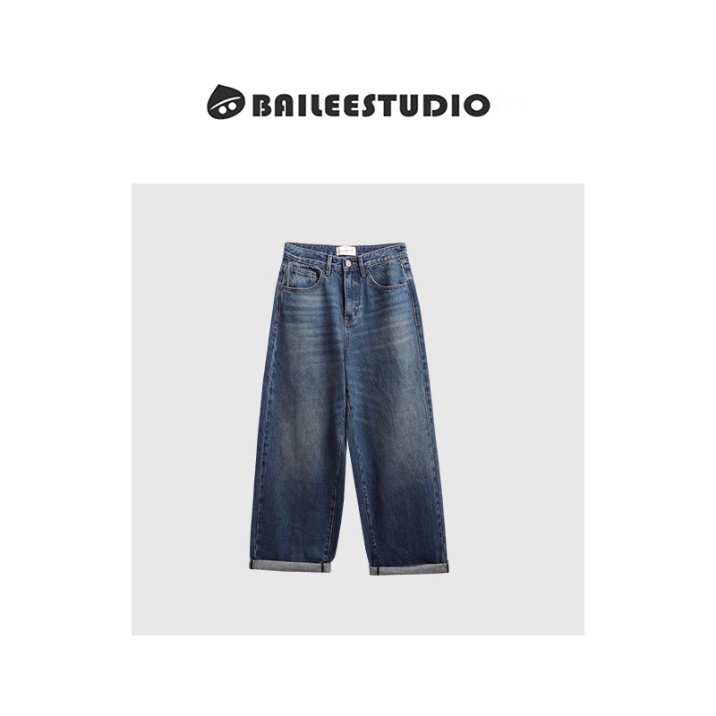 【柏栗良品】丹宁风初秋新品弯刀松垮显瘦老爹裤百搭牛仔裤502733