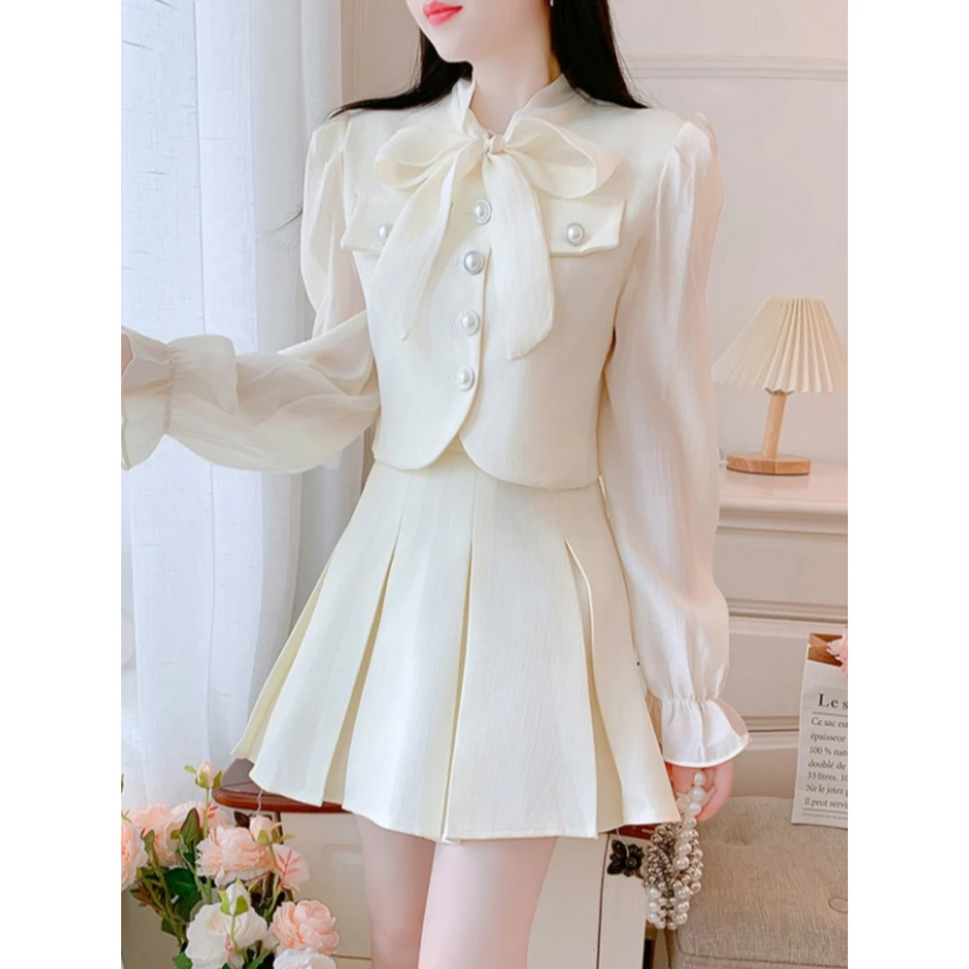 秋冬季新款千金名媛高级感两件套装裙小香风蝴蝶结衬衣高腰短裙女