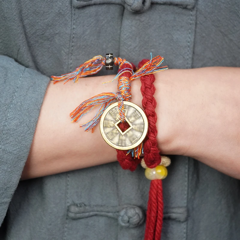 铜合金布艺手链 【龙虎山】花钱手绳可调节铜钱手链编织民族风饰品