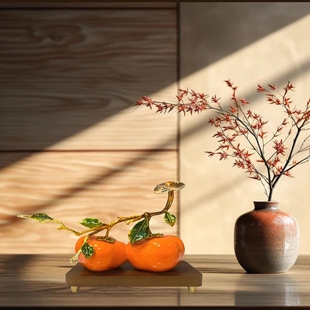 创意手工珐琅彩家居玄关简约卧室高档轻奢结婚书房柿柿如意摆件