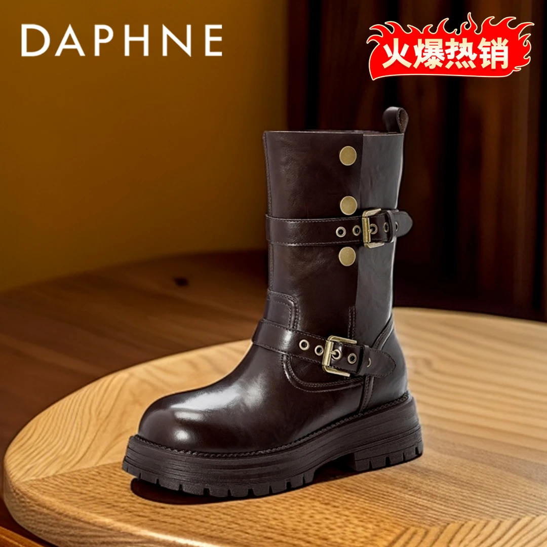 达芙妮雅丹风马丁靴女款2024冬季新款单靴复古厚底久穿不累中筒靴
