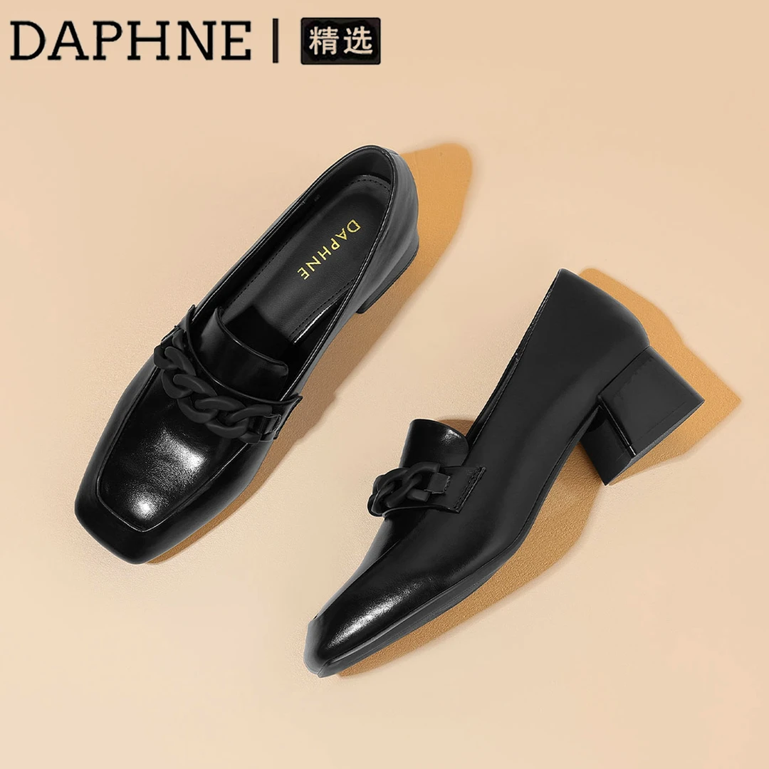 达芙妮乐福鞋一脚蹬厚底女款2025春季爆款黑色百搭小众单鞋高跟鞋