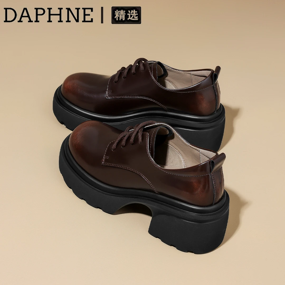 达芙妮女士乐福鞋2025春季爆款英伦风复古小皮鞋真皮系带高跟单鞋