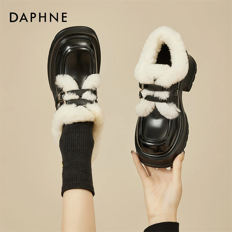 达芙妮2025冬季新款毛毛鞋厚底增高乐福鞋粗跟鞋玛丽珍加绒小皮鞋