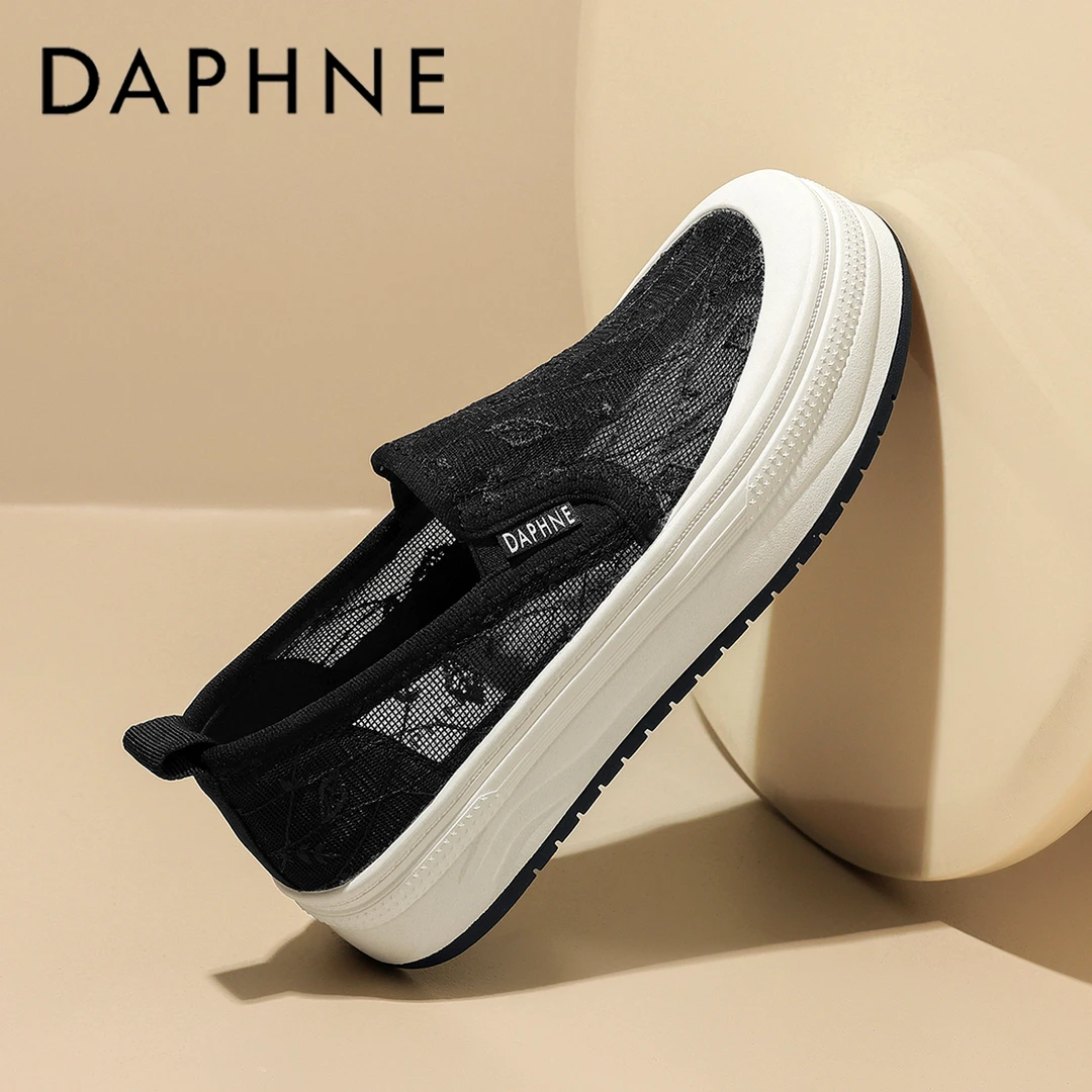 达芙妮休闲渔夫鞋女2024新款秋季厚底蕾丝网面鞋透气一脚蹬懒人鞋