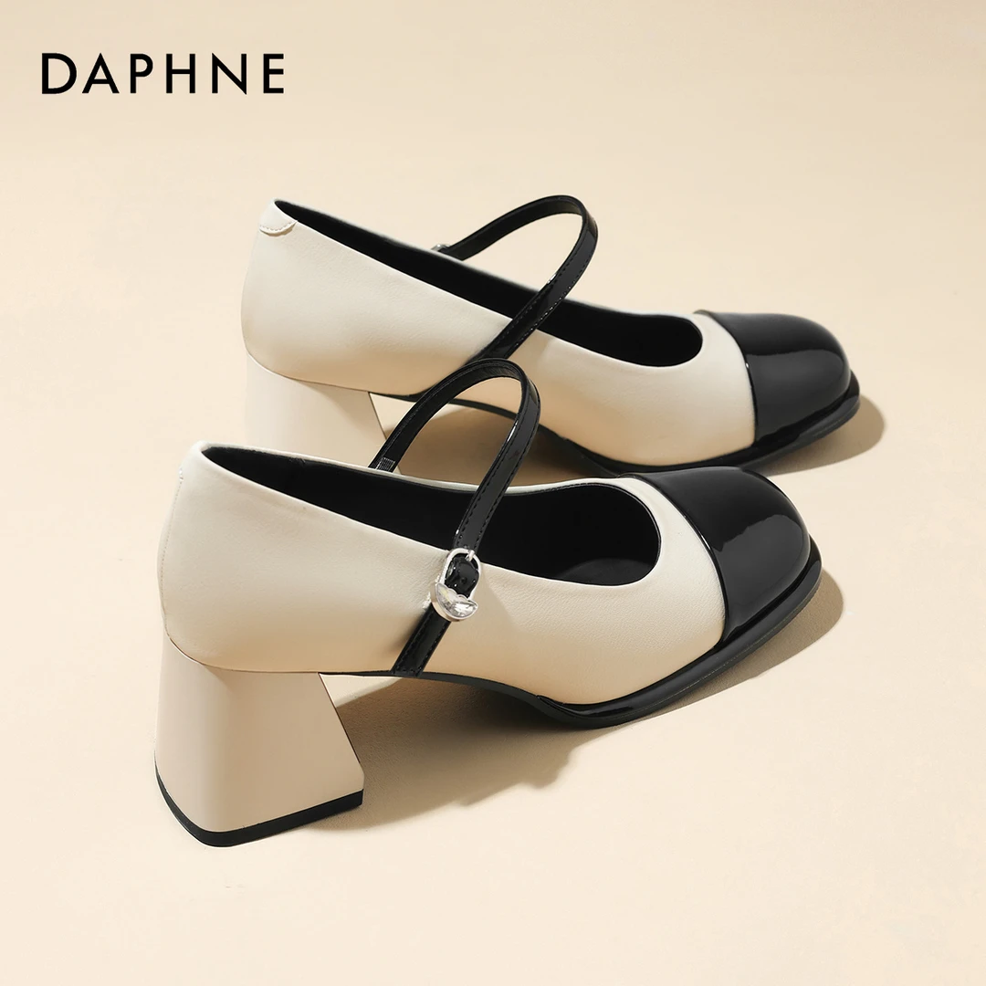 达芙妮黑白玛丽珍女鞋2025年秋季新款法式单鞋百搭浅口一字带跟鞋