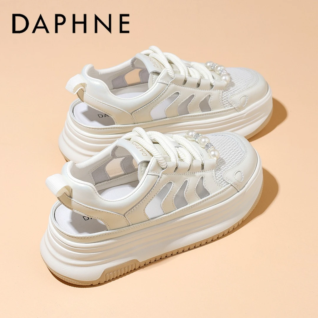 达芙妮厚底网面小白鞋女2025秋季爆款百搭增高透气舒适运动板鞋