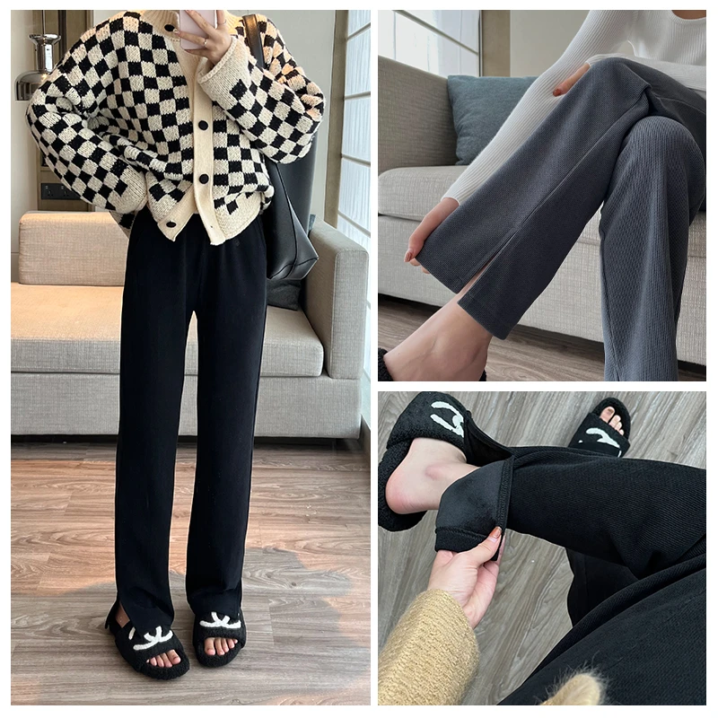 （加绒窄版阔腿裤）秋冬季高腰显瘦加厚开叉裤宽松垂感直筒裤子女