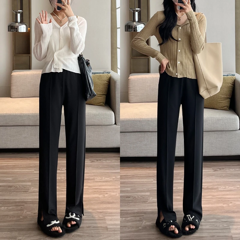 【窄版阔腿裤女】秋季新款显瘦高腰垂坠感宽松休闲开叉黑色直筒裤女