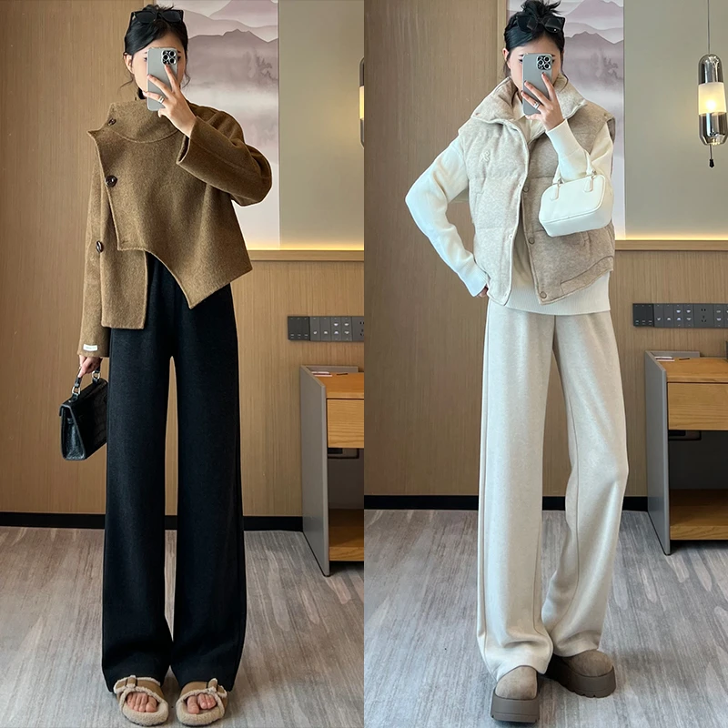 （人字纹毛呢阔腿裤女）秋冬羊毛混纺高腰显瘦宽松休闲百搭窄版直筒