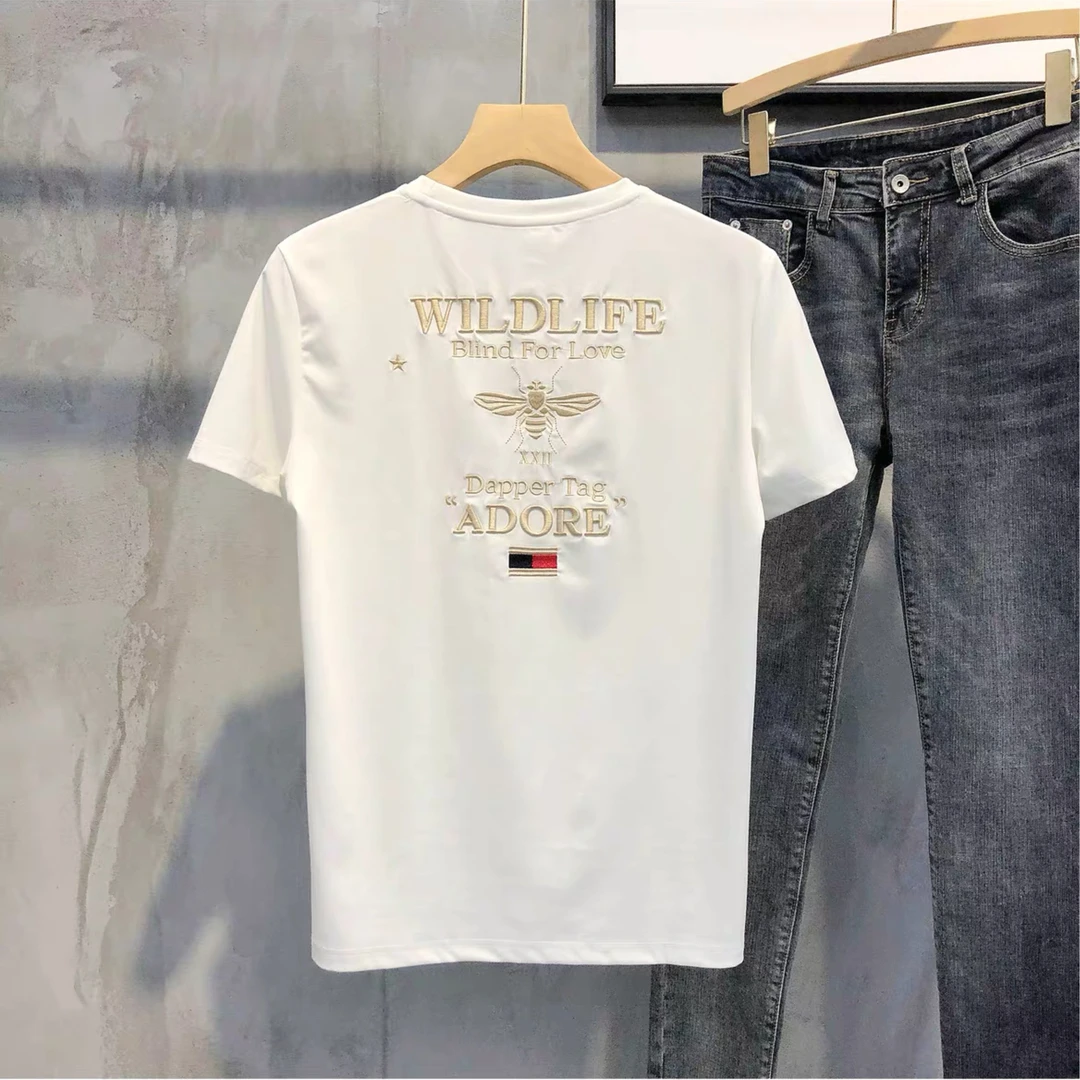 240重磅纯棉小蜜蜂刺绣男潮牌男士圆领2025新款白短袖t恤夏季个性