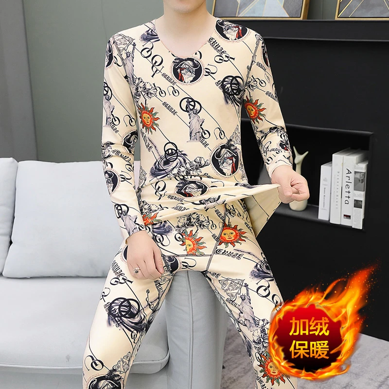 男装秋冬2023印花长袖修身保内衣套装时尚百搭秋衣秋保暖加绒套装