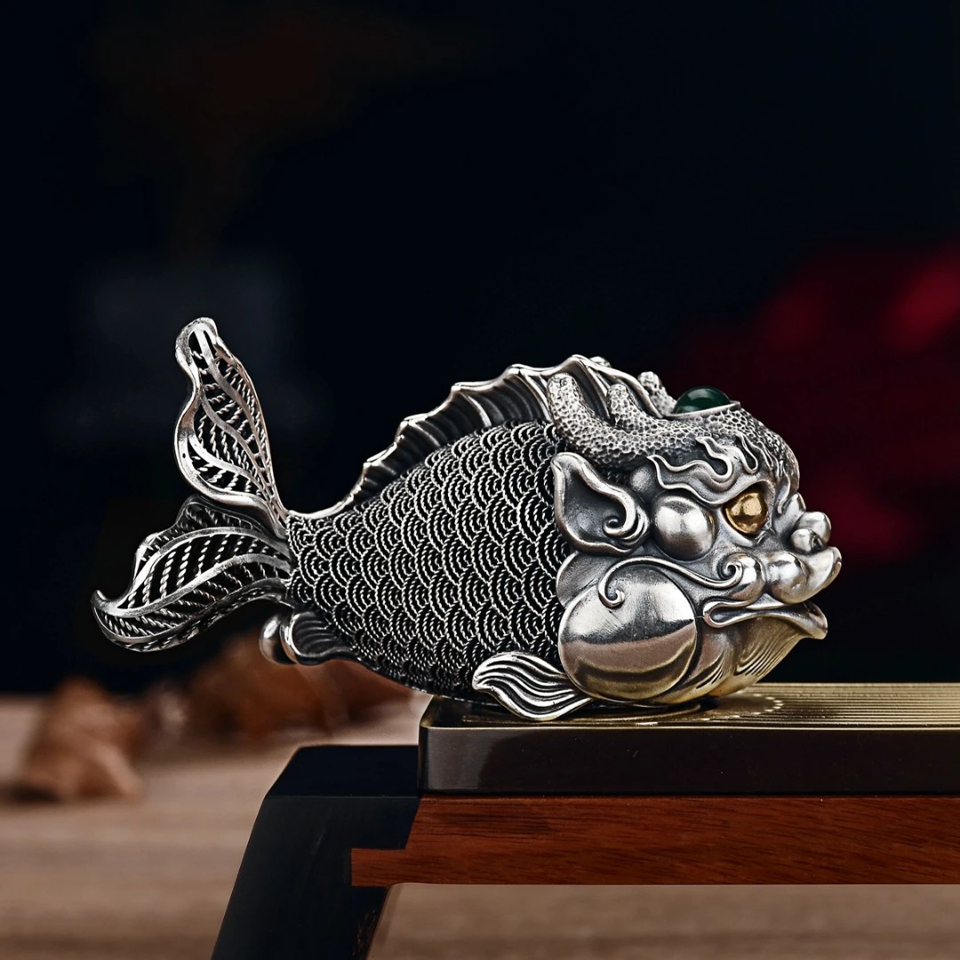 百福全 足银银制品 999鱼化龙纯银香插香道玉龙茶道摆件文玩茶宠