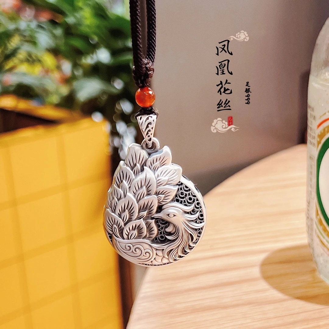 百福全 吊坠足银 足银999花丝凤凰凤尾吊坠民族风水滴双面银吊坠