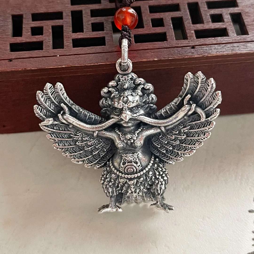 百福全 足银银制品 999藏传密宗大鹏金翅鸟吊坠展翅男士霸气挂件