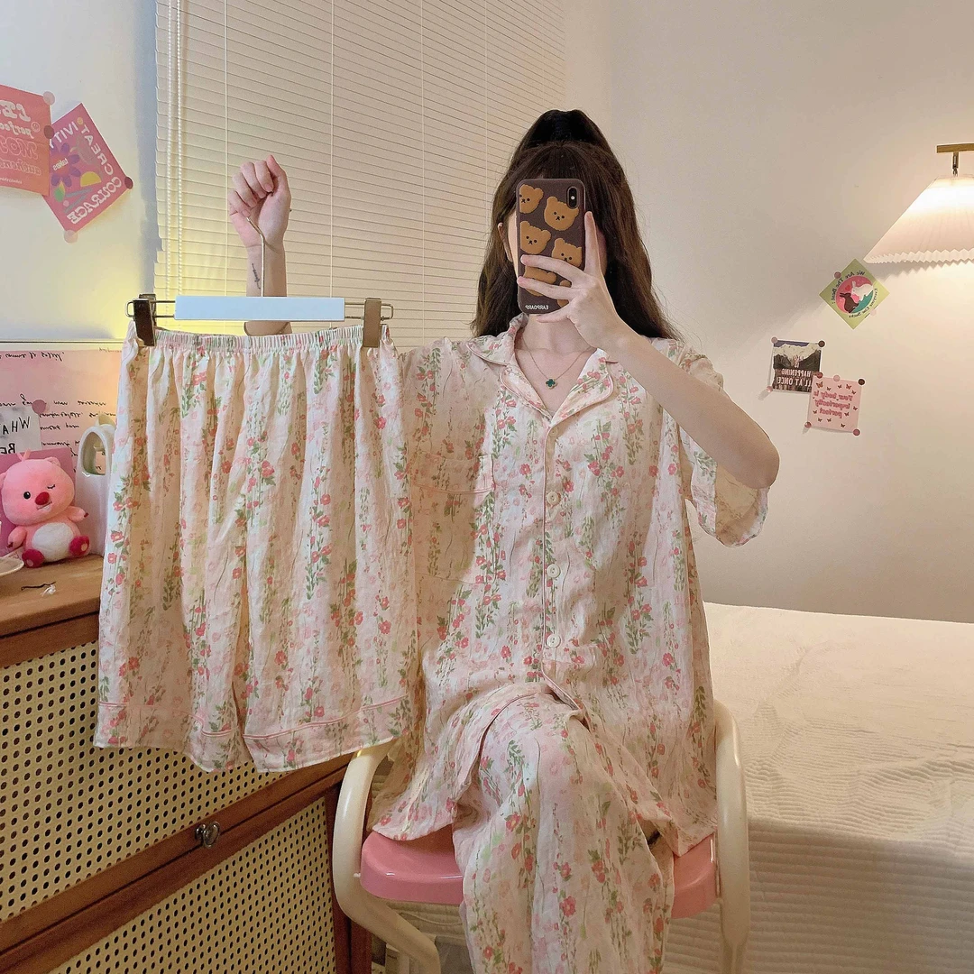 宽松胖MM可穿睡衣女套装碎花三件套家居服少女夏季薄款