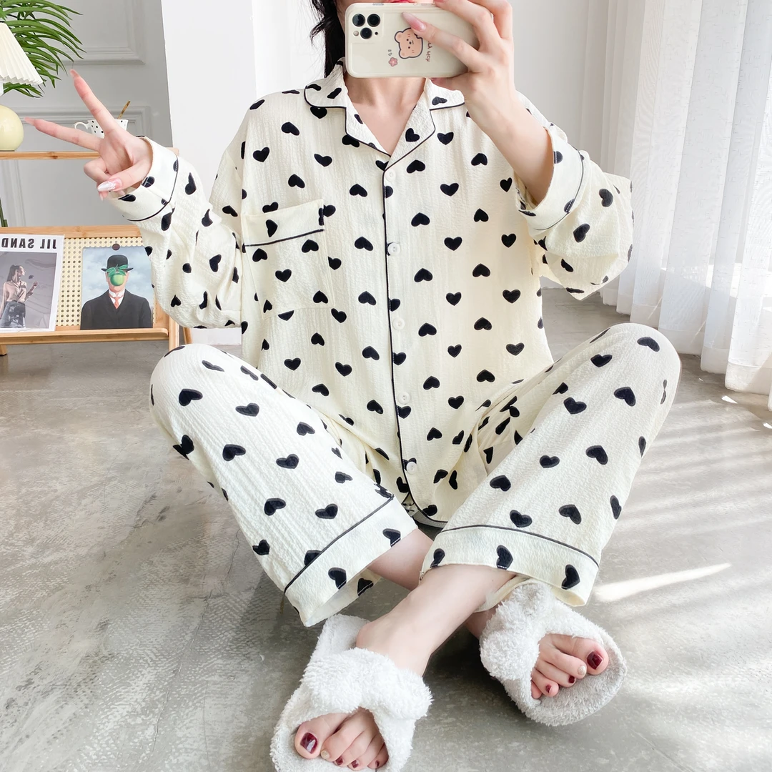 【黑色爱心】春秋长袖开衫大码睡衣女泡泡棉胖mm250斤家居服套装313