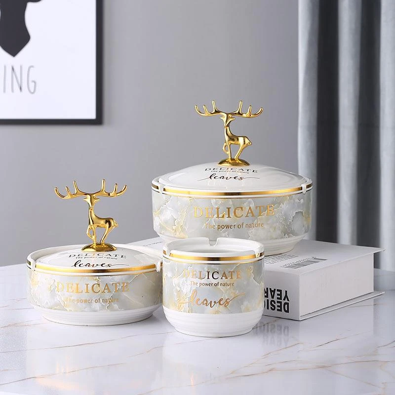 时尚北欧轻奢陶瓷烟灰缸大理石纹家用个性创意潮流客厅摆设防飞