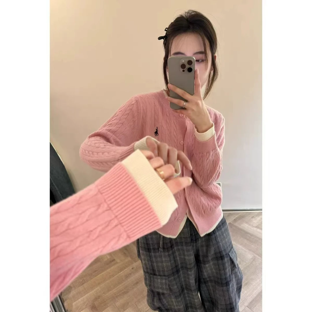 【100%纯羊毛】刺绣假两件外套女新款春秋上衣针织开衫麻花毛衣外套