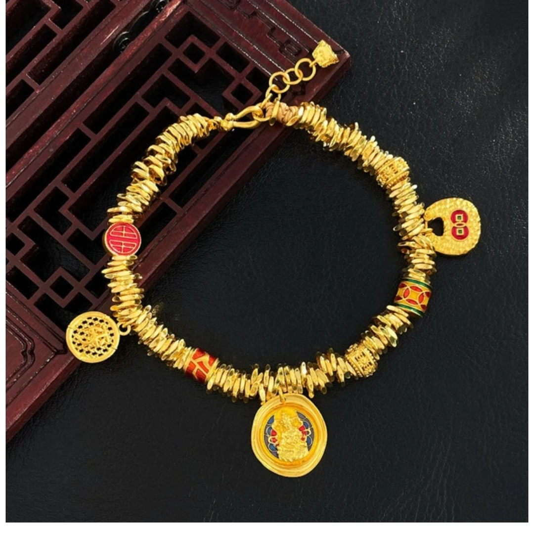 铜合金手链 古法珐琅彩黄财神盘缠手链女金色珐琅手工錾刻锤纹圈