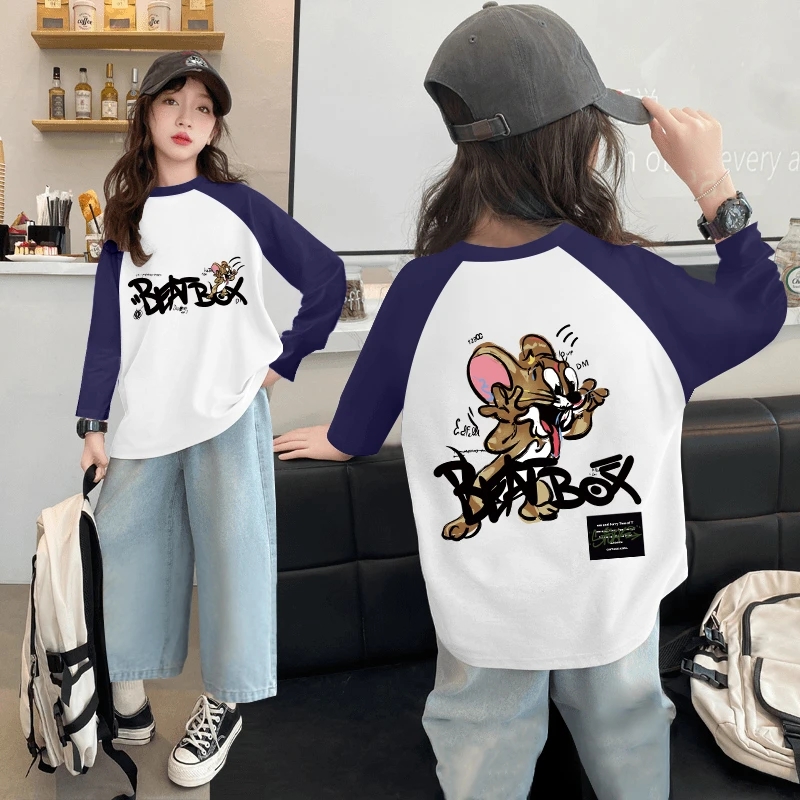 男童长袖T恤2024春季新款女童洋气打底衫中大童拼色插肩袖上衣潮T