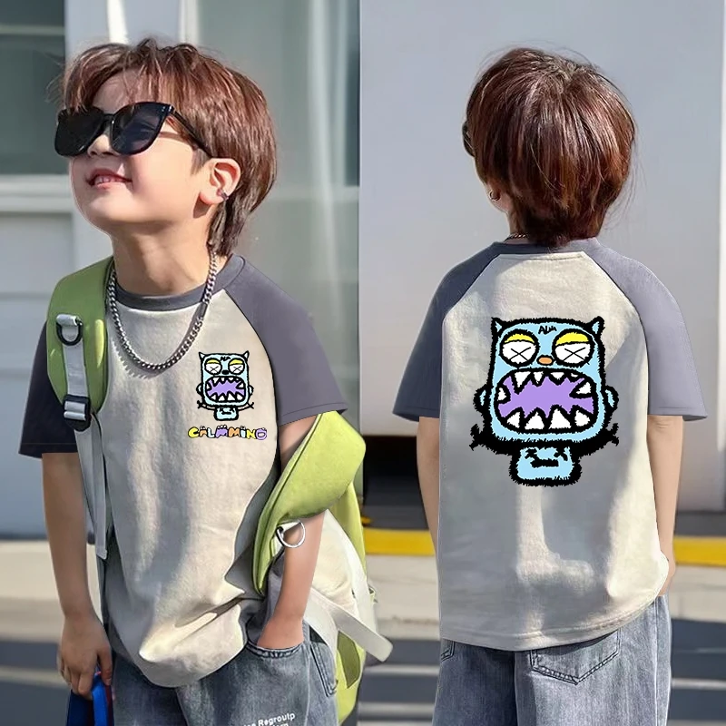 纯棉撞色拼接中大童打底衫8-15岁男童短袖时尚潮流复古男孩T恤潮a