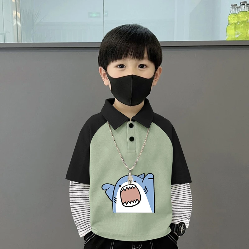 100%纯棉男童撞色拼接条纹假两件长袖韩版男孩子炸街帅气POLO衫潮