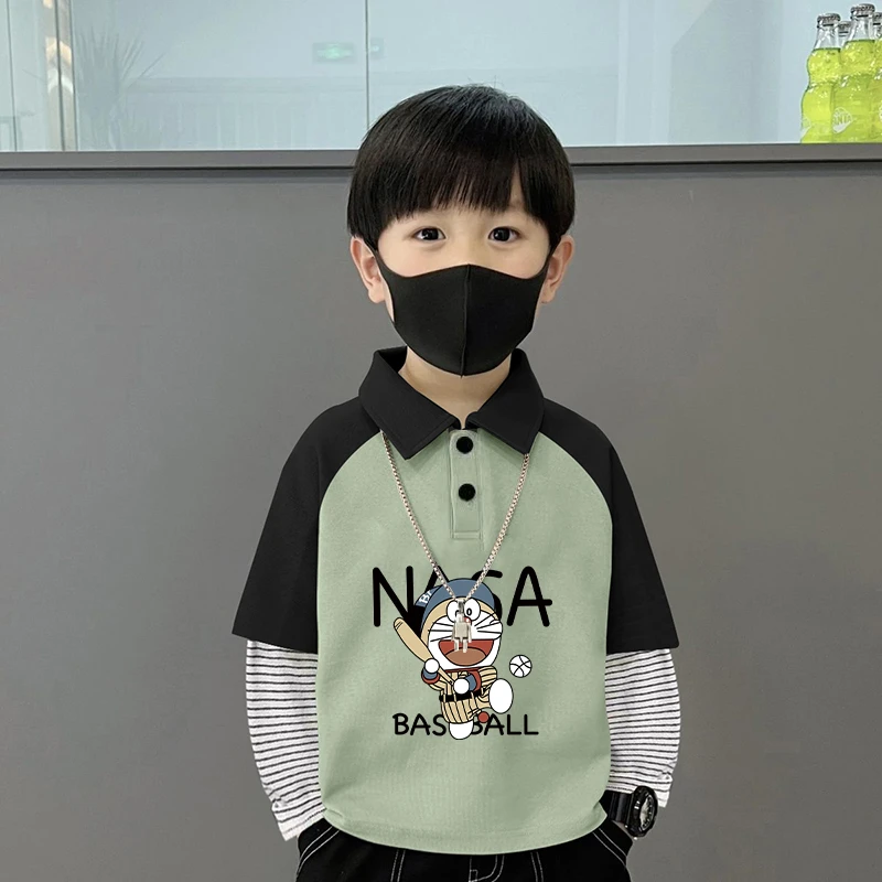 儿童秋季长袖POLO衫棉质插肩撞色条纹假两件韩版秋装男童女童上衣