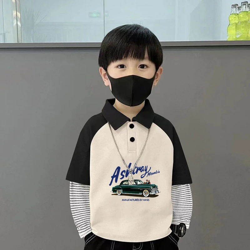 2024新款纯棉休闲翻领条纹卫衣~儿童新款韩版polo条纹卫衣长袖T恤