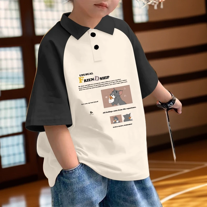 男童夏季休闲百搭polo衫短袖6-14岁男宝宝潮款学院风卡通印花t恤A