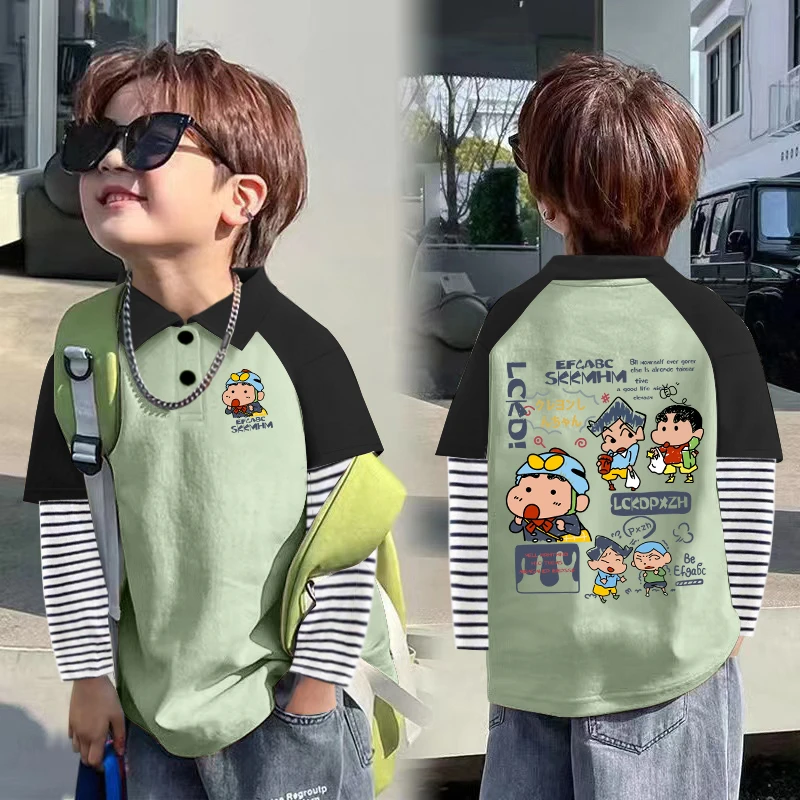 100%纯棉春秋男童撞色百搭网红日系蜡笔小新长袖条纹翻领假两件恤