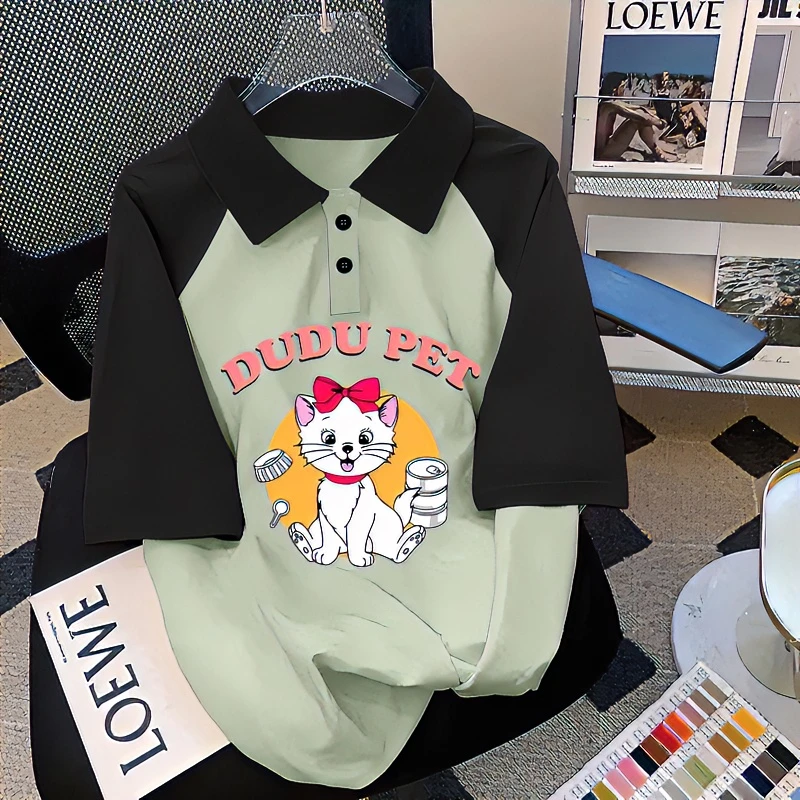纯棉6-14岁中大童女童洋气卡通撞色polo衫短袖夏季清新女孩学院风