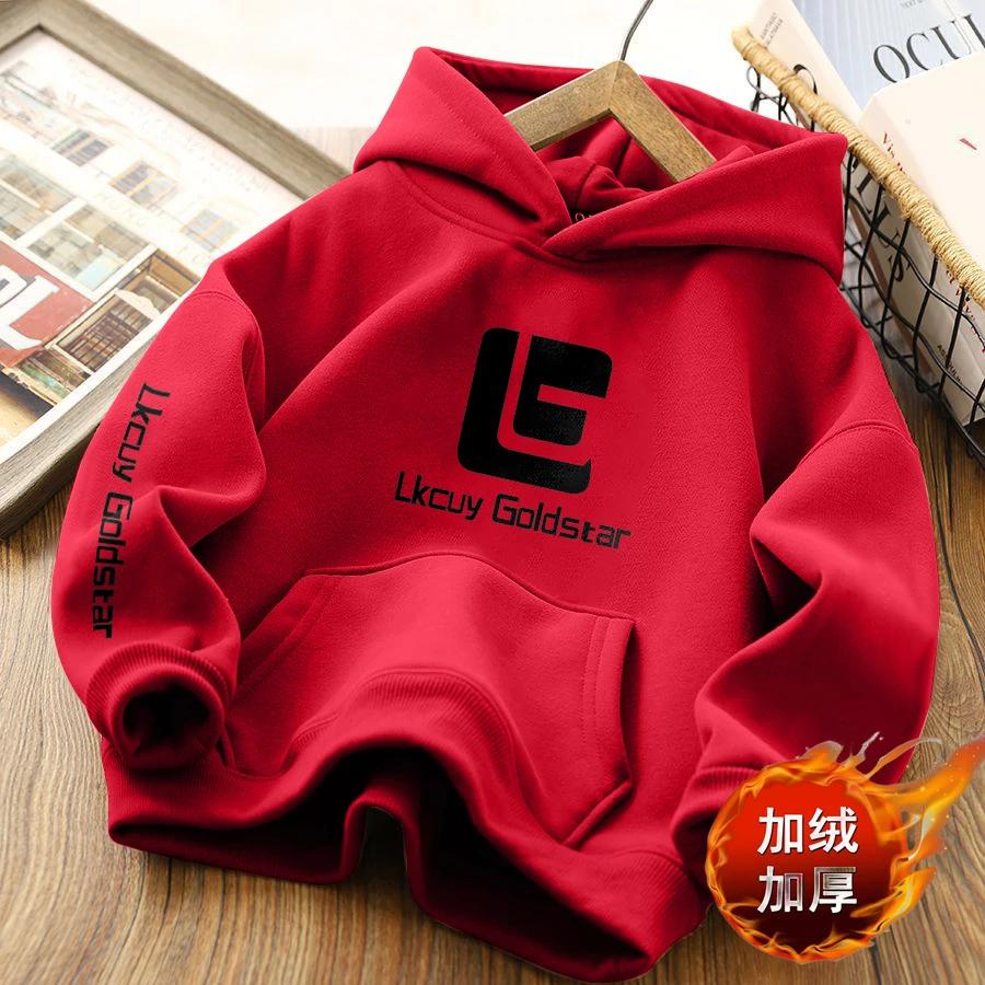 2024新款秋冬季简约印花加绒卫衣男童女童宝宝中大童红色加厚连帽