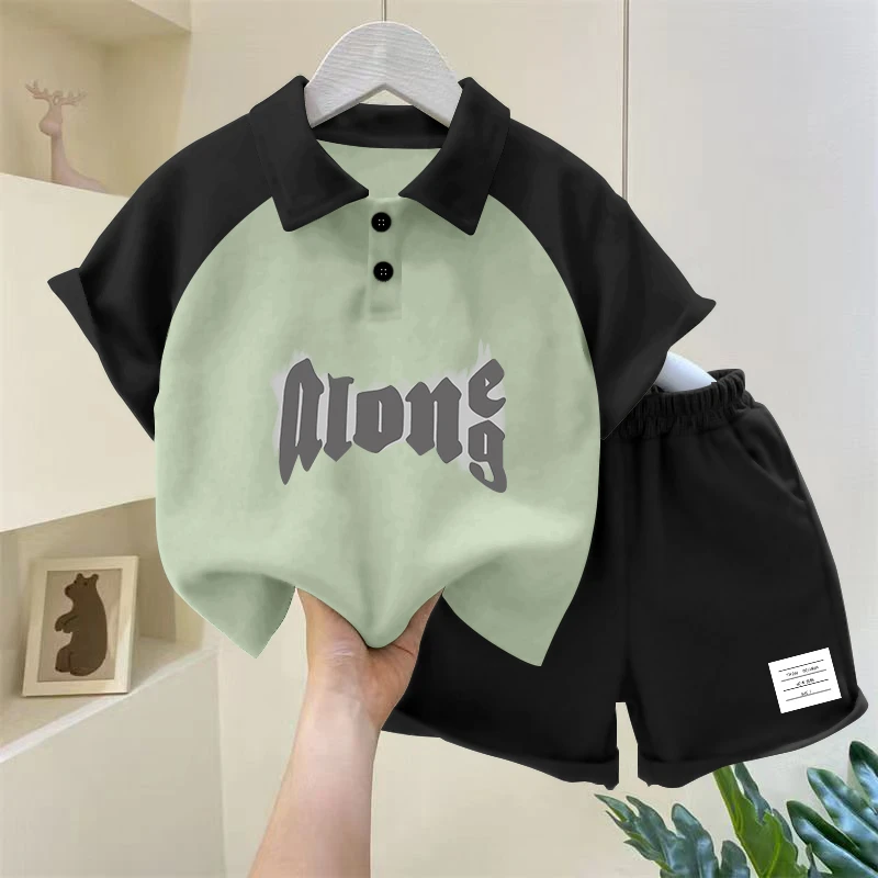 儿童装男童休闲帅气男孩运动撞色POLO衫套装嘻哈短袖短裤俩件装潮