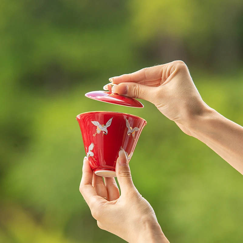 【静姐小院】中式功夫茶具玫瑰红仙鹤盖碗120cc（X6632）