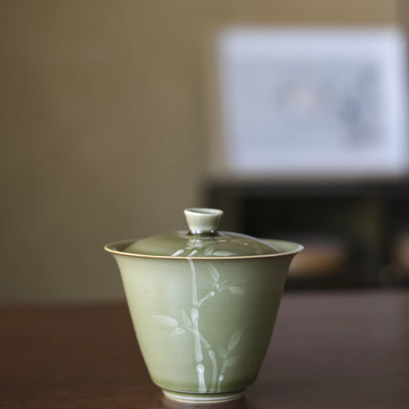 【静姐小院】竹子盖碗陶瓷家用防烫复古手工中式色釉瓷盖碗