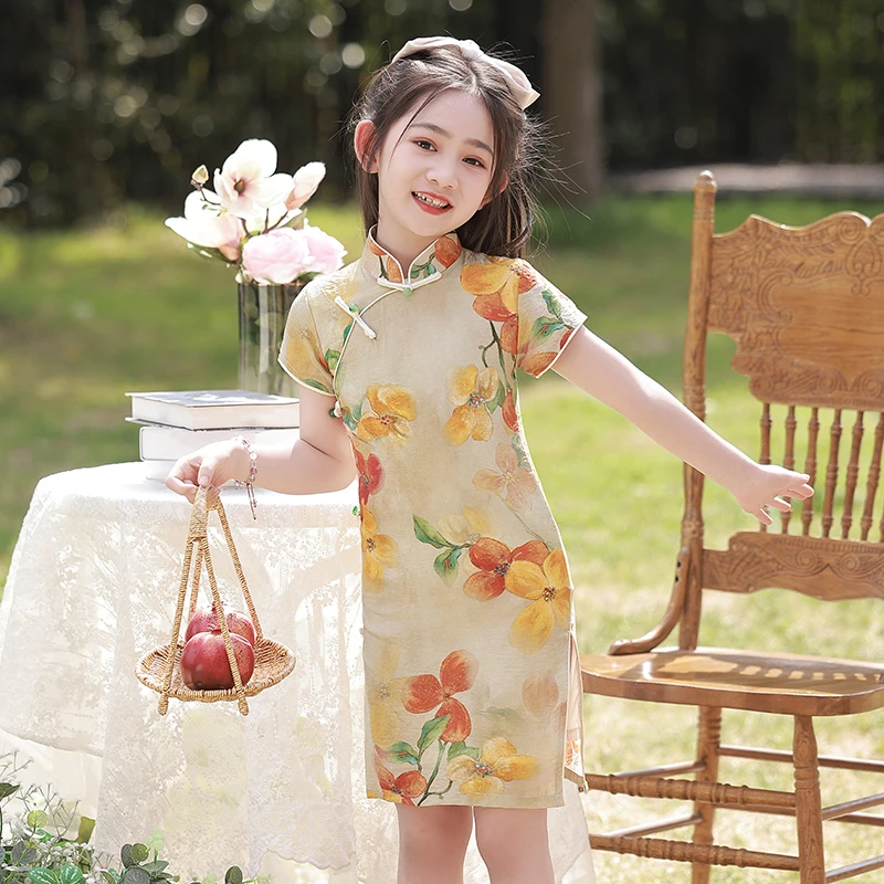 女童旗袍夏季走秀中国风改良复古连衣裙小女孩洋气唐装演出服薄款