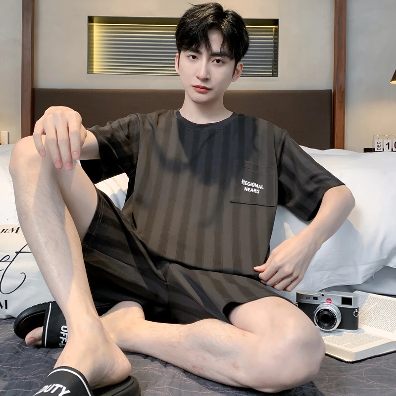 芬腾可安男款夏天薄款大码睡衣纯棉短袖短裤全棉家居服套装可外穿