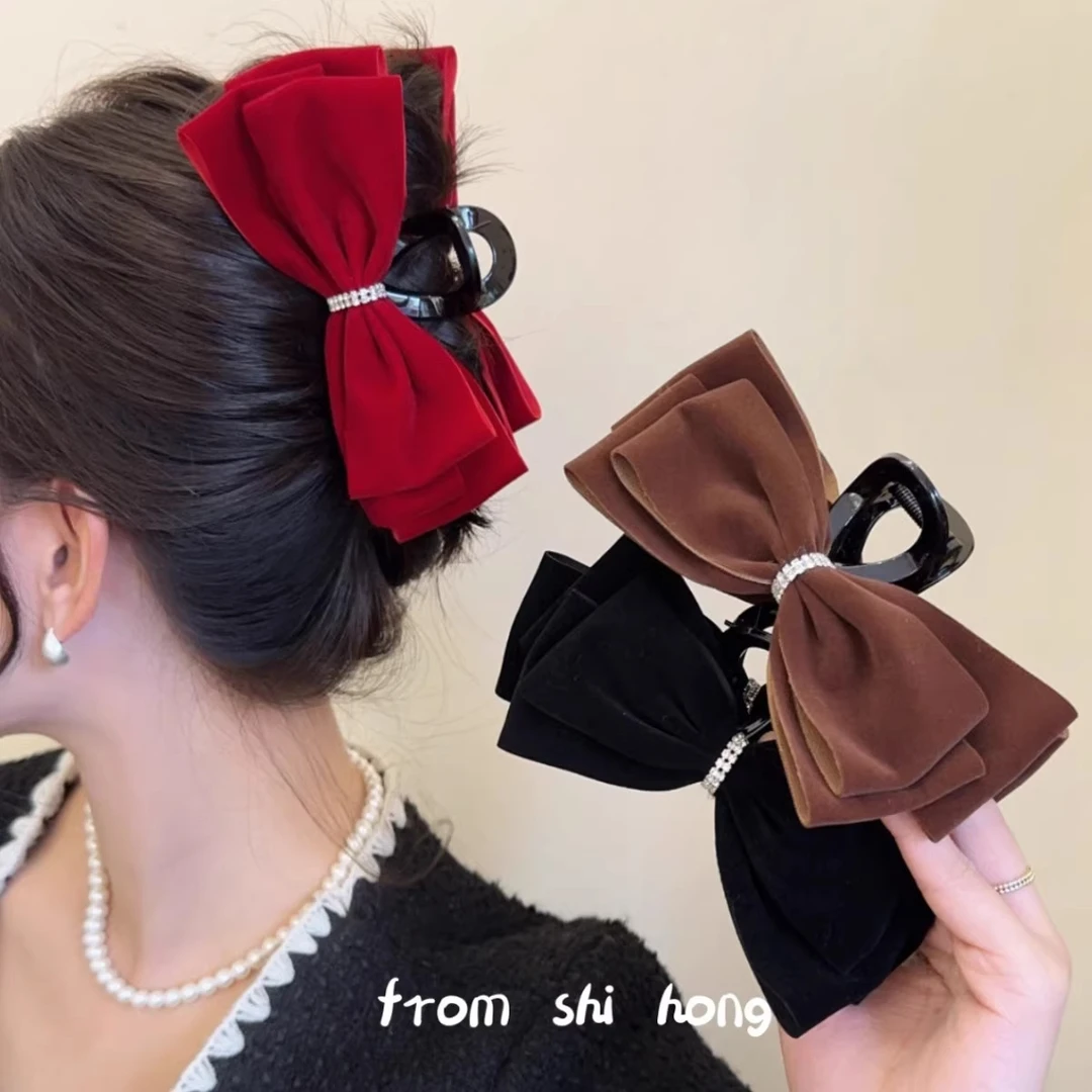 法式百搭新款复古丝绒蝴蝶结抓夹气质小众轻奢高级感鲨鱼夹发饰