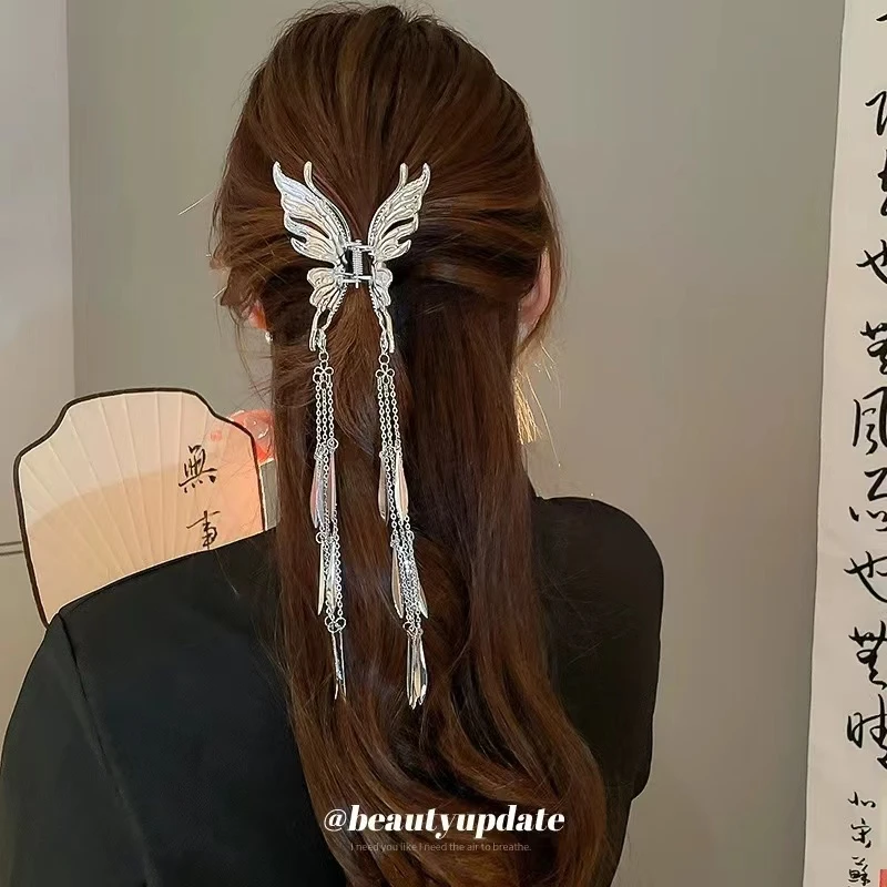 新中式国风蝴蝶流苏抓夹高级感夹子头饰发夹女后脑勺鲨鱼夹发饰--