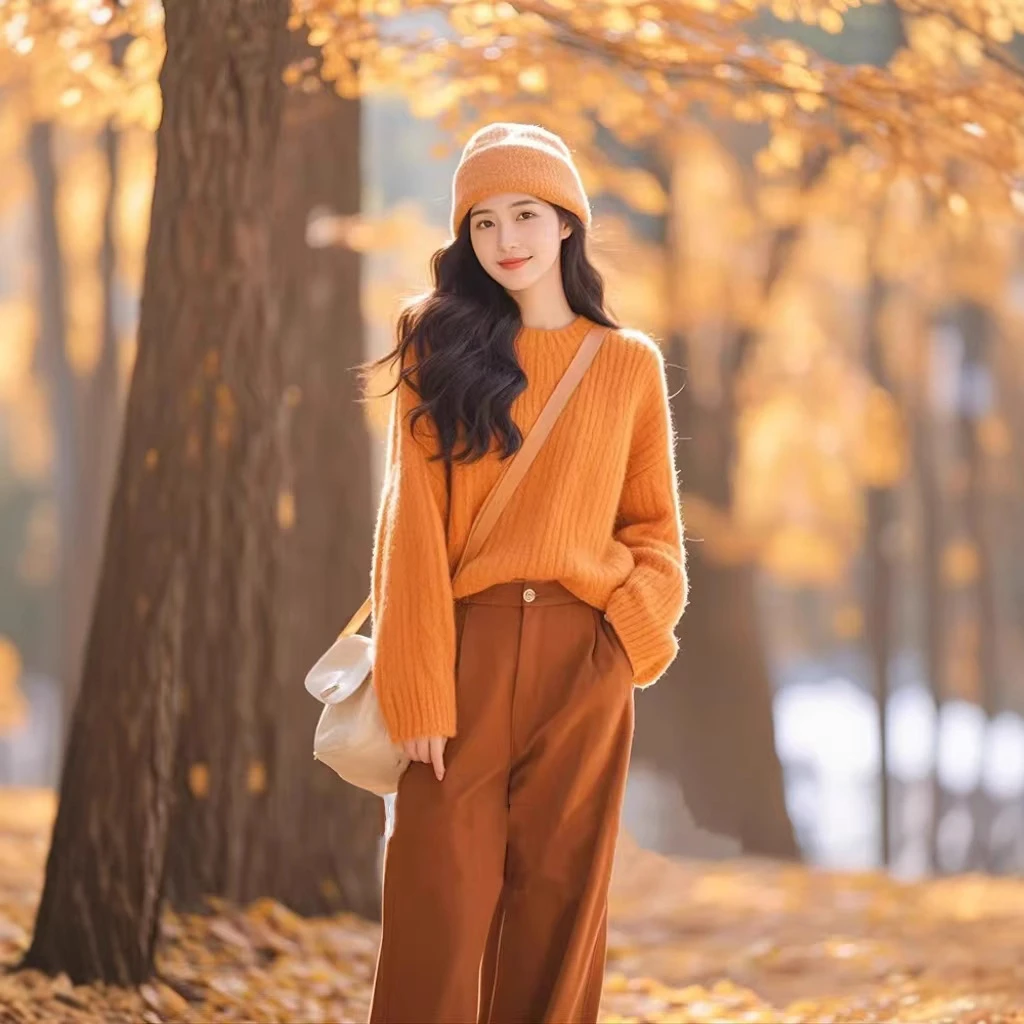 韩系搭配一整套冬装气质独特超好看南瓜橘色毛衣慵懒松弛感套装裤