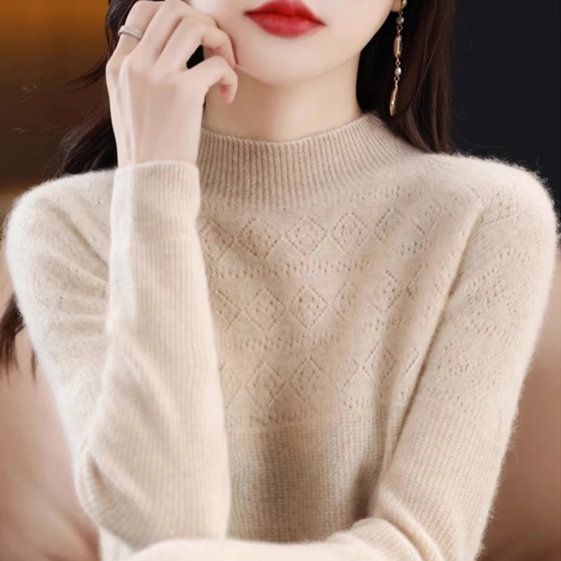 半高领羊绒衫女秋冬2024新款毛衣宽松大码遮肚显瘦内搭羊毛打底衫
