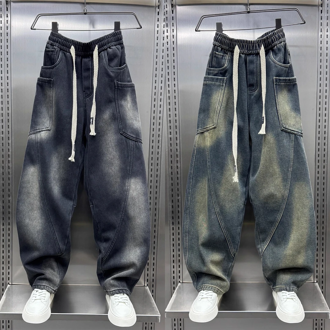 2024秋冬加绒做旧黄泥牛仔裤男潮牌美式休闲弯刀裤水洗复古工装裤