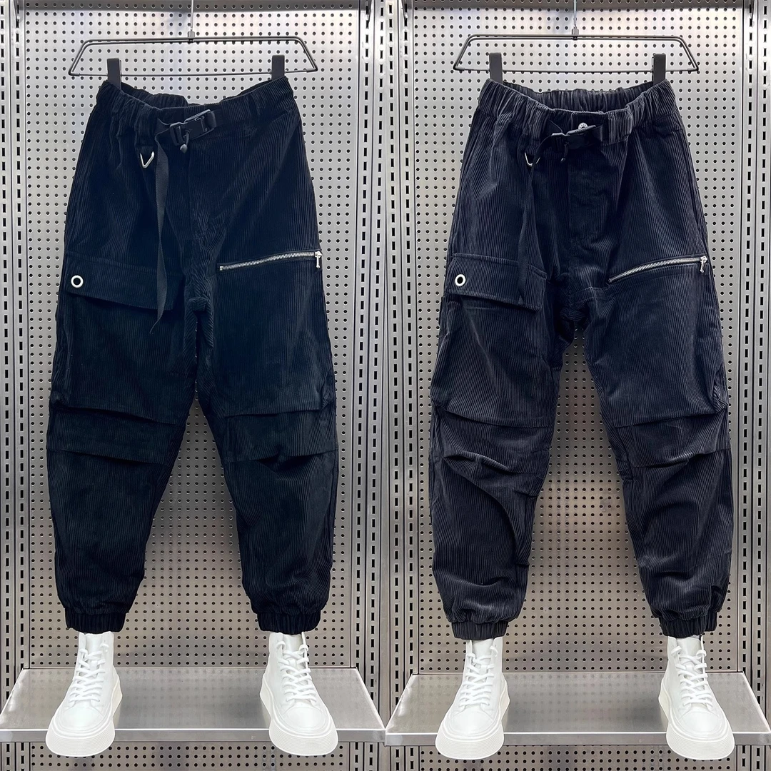 秋冬新款韩版宽松条绒束脚裤男士潮灯芯绒休闲裤时尚多口袋工装裤